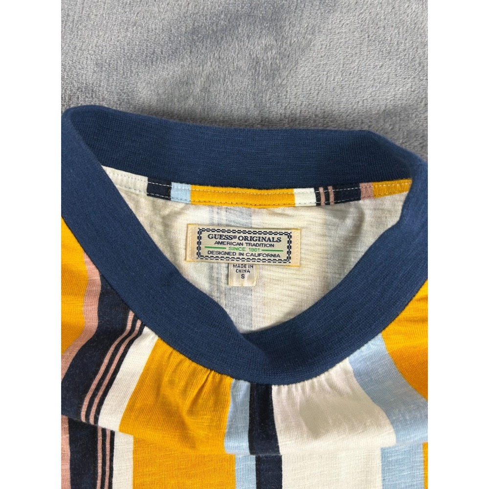 Vintage GUESS Originals Striped T-Shirt Mens Small‎ Yellow Blue White Spell out - Picture 3 of 8